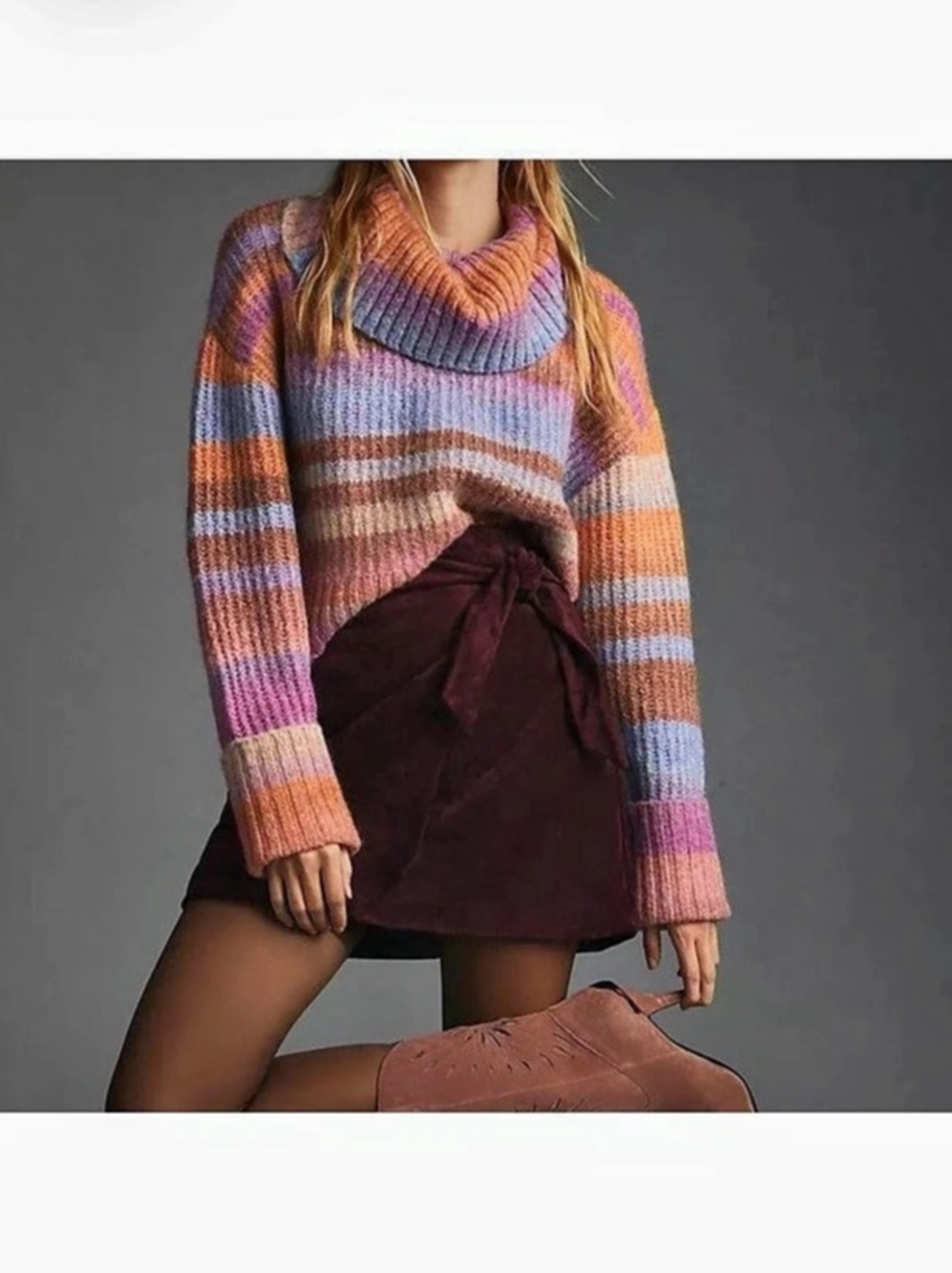 Anthropologie Striped Cowl Neck Sweater in Purple & Orange Size Medium